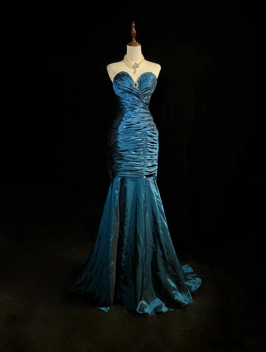 Vintage 1980s Prom Dresses Mermaid Sweetheart Navy Blue Taffeta Long Formal Party Dress N2575