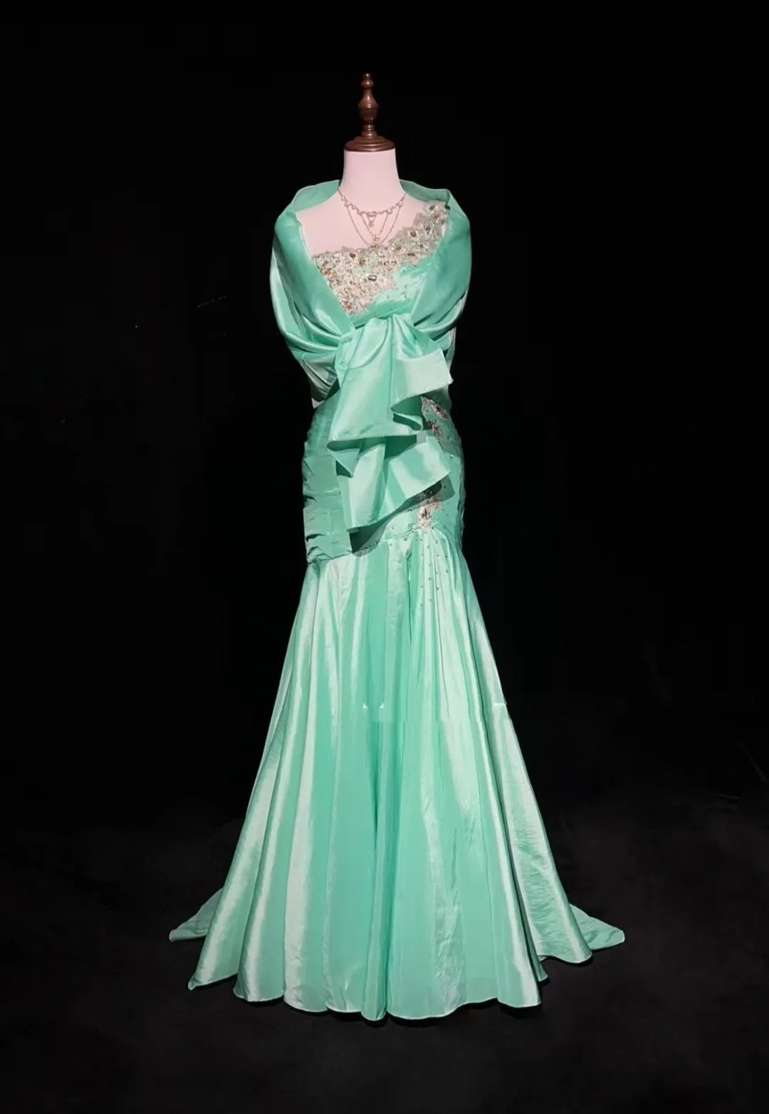 Vintage Prom Dresses Mermaid One Shoulder Mint Green With Lace Beading Cape Long Formal Dress N2463