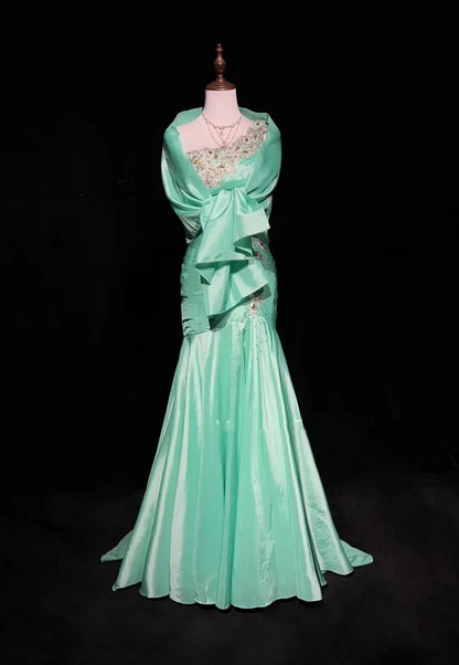 Vintage Prom Dresses Mermaid One Shoulder Mint Green With Lace Beading Cape Long Formal Dress N2463