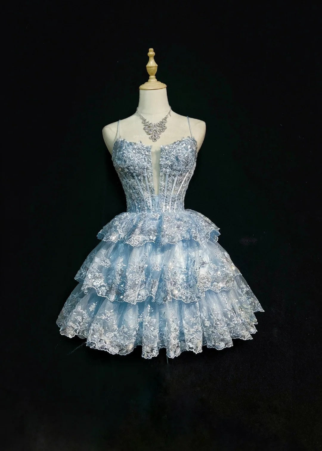 Vintage Hoco Dress Ball Gown Spaghetti Straps Light Blue Lace Short Homecoming Party Dress RC0084