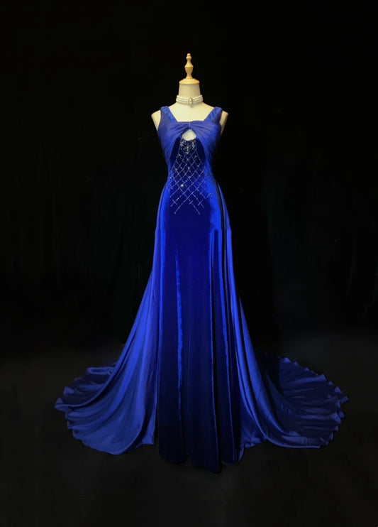 Vintage Prom Dresses Mermaid Royal Blue Velvet Sleeveless With Beading 90s Long Formal Gown N2902