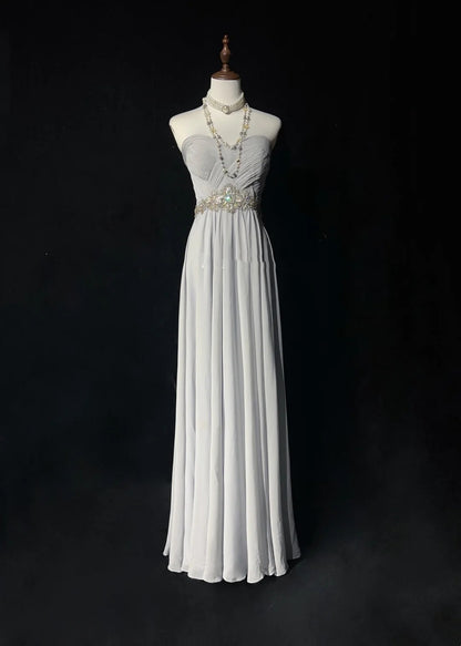 Vintage Prom Dresses A line Strapless Gray Chiffon With Beaded Bodice Sleeveless 1990s Long Formal Evening Gown N2636