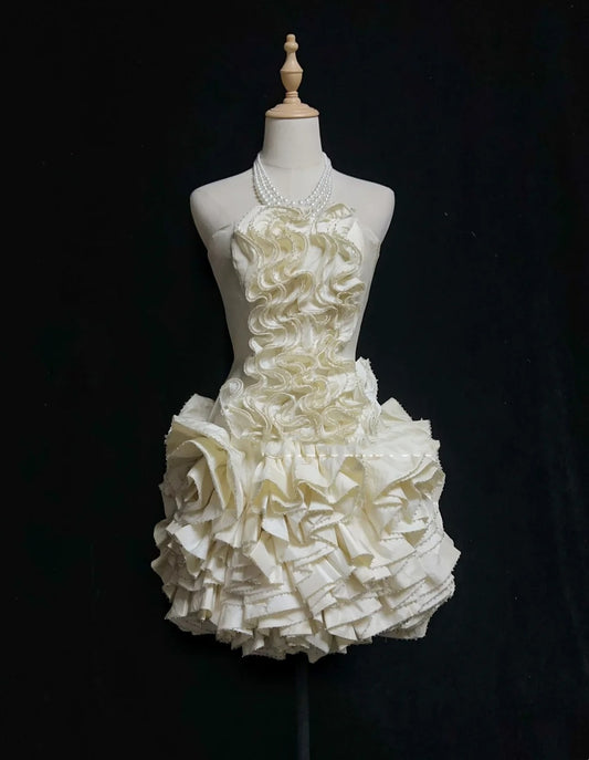 Timeless Wedding Dresses Sheath Strapless Beige Satin With Ruffled Short Bridal Gown N3004