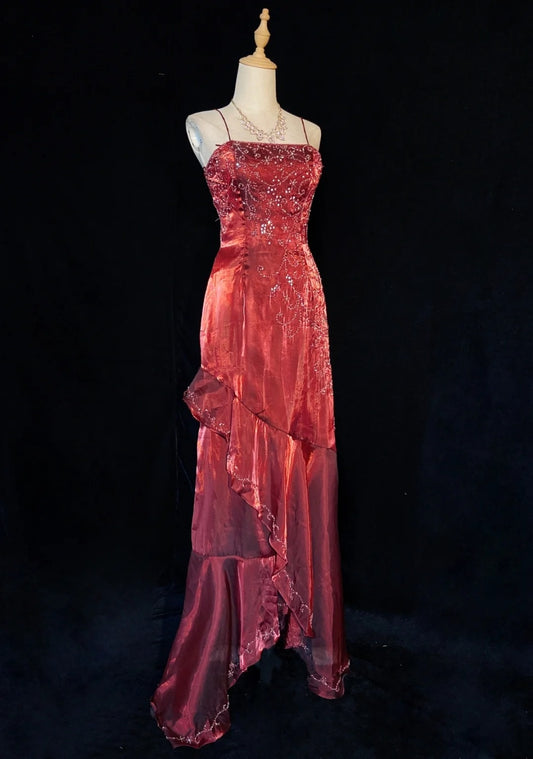 Vintage Prom Dresses Inspo A line Spaghetti Strap Burgundy Organza With Ruffled Beaded For Women Formal Dress N3247