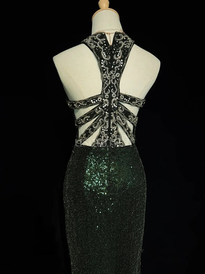 Sparkly Prom Dresses Inspo Mermaid 90s Jewel Neck Dark Green With Split For Women Formal Dress N3271
