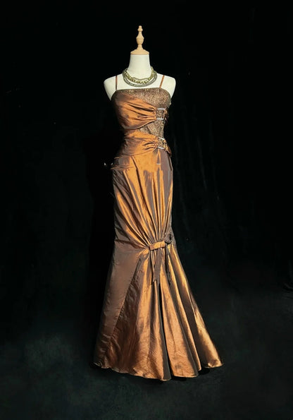 Vintage Prom Dresses Inspo Mermaid Spaghetti Strap Brown With Beads 80s Long Formal Gown N2738