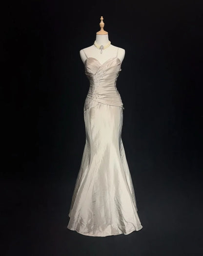 Vintage Prom Dresses Mermaid Spaghetti Strap Silver Taffeta With Beading 90s Long Formal Gown N2892