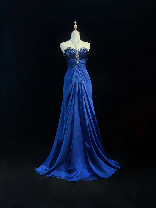 Vintage Prom Dresses 1960s Mermaid Sweetheart Royal Blue Chiffon With Beaded Long Prom Gown N3115