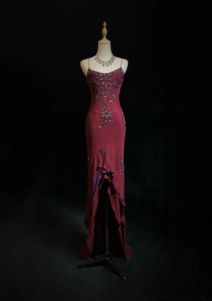 Unique Prom Dresses High Low Spaghetti Strap Burgundy Sleeveless With Beading Semi Formal Evening Dress N3794