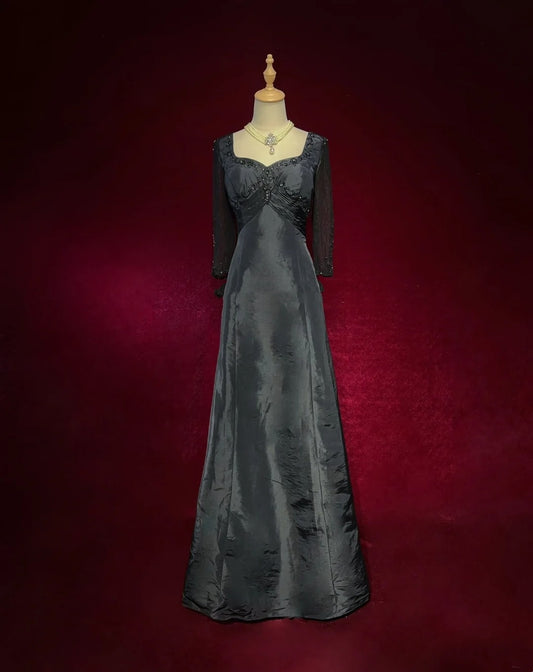 Charming Prom Dresses A Line Black Tie Dress With Embroidered Beaded Long Sleeves Formal Evening Outfits N3694