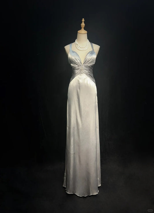 Vintage Prom Dresses 2000s A line Halter Silver Gray With Ruffle Long Prom Gown N3028