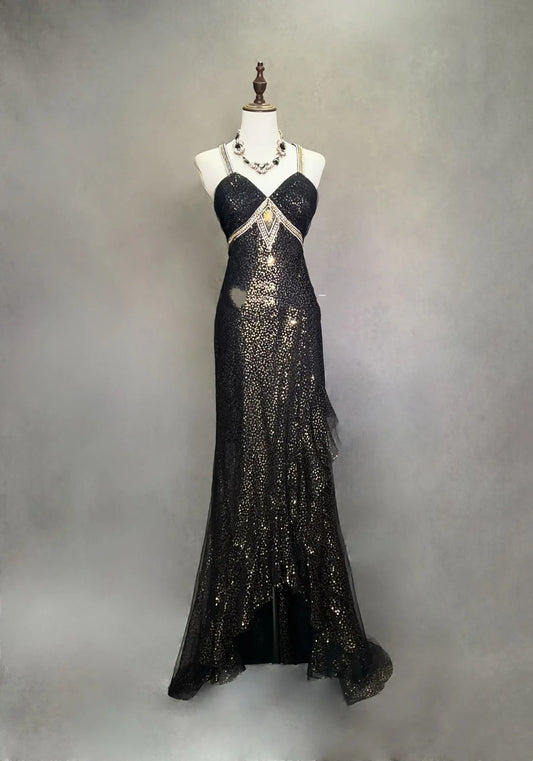 Vintage Prom Dresses Mermaid Halter Black Sequin 70s With Beading Backless Long Formal Dress N2518
