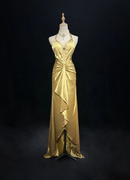 Vintage High Low 2000s A line Halter Gold With Pleated Formal Dress Long Prom Dresses N2585