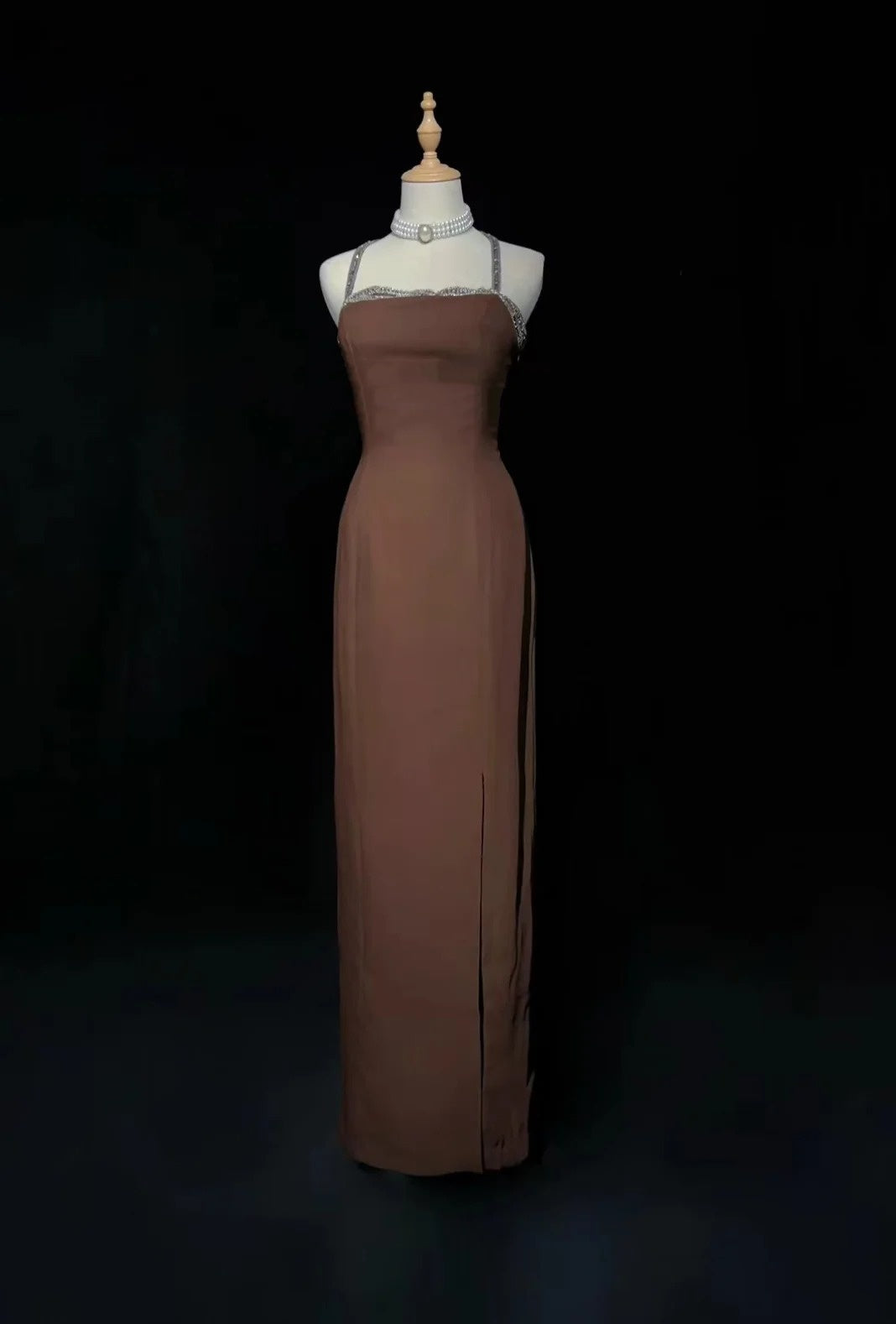 Vintage Prom Dresses Sheath Spaghetti Straps Slit Chocolate 2000s Party Evening Formal Gown RC1137