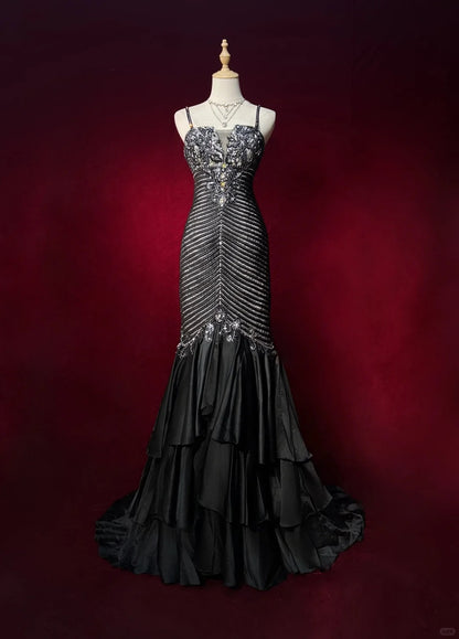 Black Prom Dress Inspo Mermaid Spaghetti Straps Satin With Beading Long Formal Party Gown RC0092