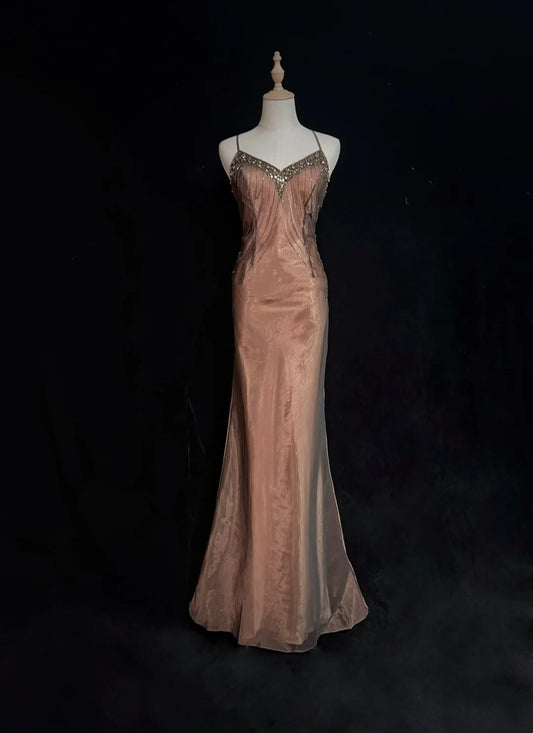 Vintage Prom Dresses Mermaid Spaghetti Strap Brown Sleeveless Chiffon 80s Long Formal Gown N2860