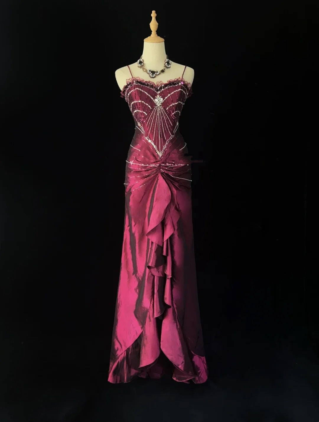 Vintage Prom Dresses Mermaid Spaghetti Strap Grape With Beading Taffeta 90s Long Formal Gown N2886