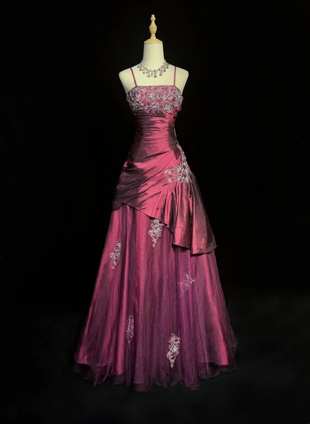 Vintage Prom Dresses Ball Gown Spaghetti Strap Fuchsia Sleeveless Taffeta 90s Long Formal Gown N2878