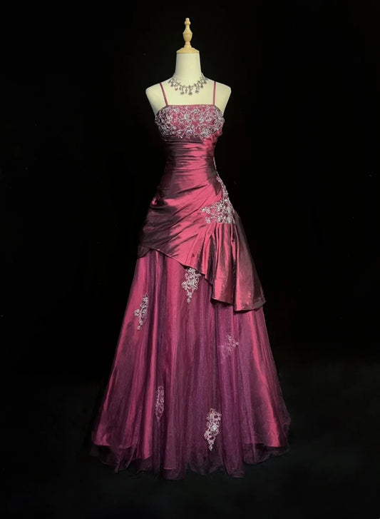 Vintage Prom Dresses Ball Gown Spaghetti Strap Fuchsia Sleeveless Taffeta 90s Long Formal Gown N2878