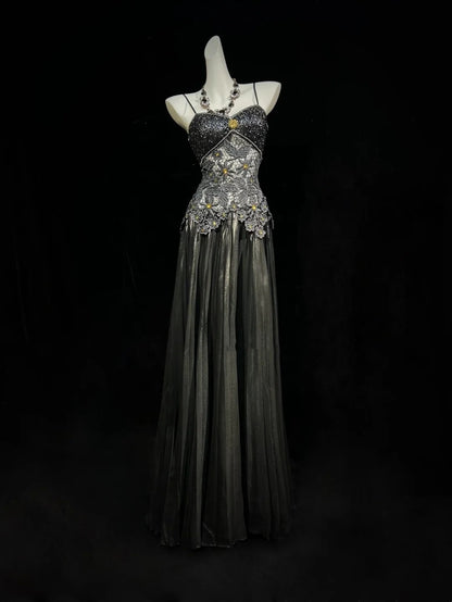 Black Prom Dress Inspo A Line Spaghetti Straps Satin Lace Long Birthday Outfits Formal Party Gown RC0101