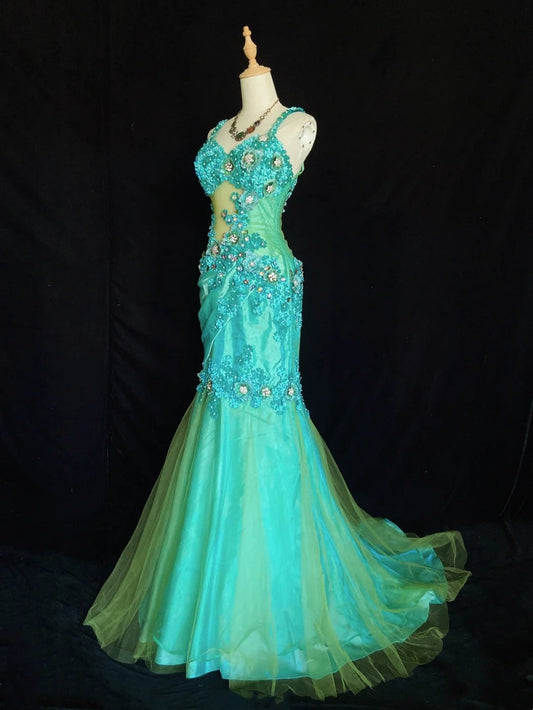 Elegant Prom Dresses Mermaid Spaghetti Strap Green Tulle With Flowers Floor Length Formal Evening Outfits N3490
