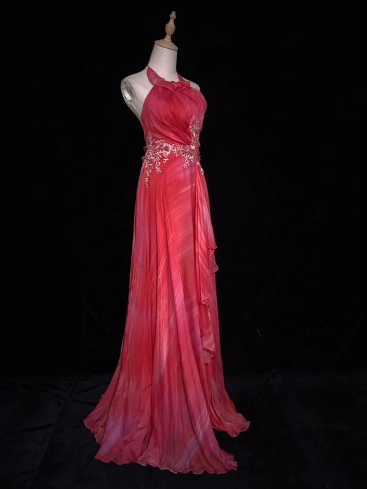 Vintage Prom Dresses A Line Halter Hot Pink Chiffon With Applique Formal Evening Outfits N3855