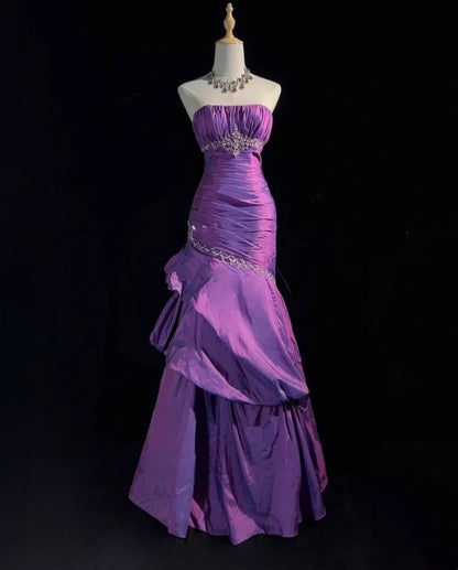 Vintage Prom Dresses Mermaid Strapless Taffeta Purple With Beading 1980s Long Formal Gown N2625