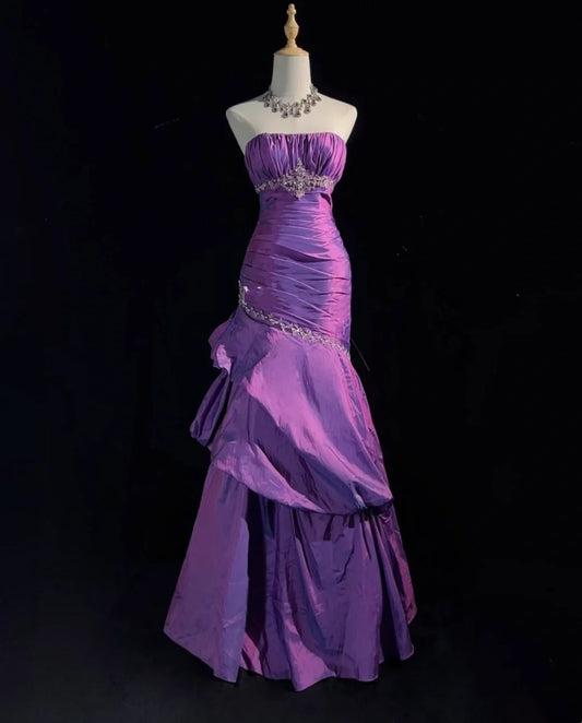 Vintage Prom Dresses Mermaid Strapless Taffeta Purple With Beading 1980s Long Formal Gown N2625