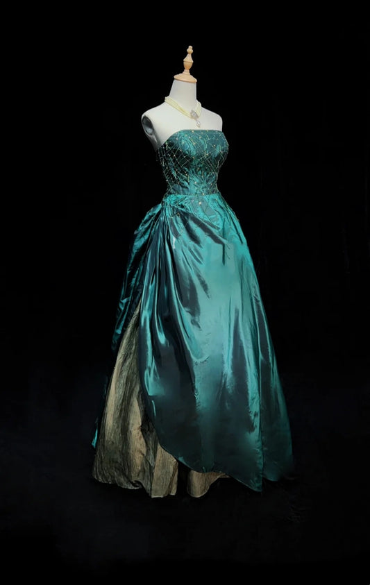 Vintage Prom Dresses Inspo Ball Gown Strapless Green With Beads 80s Long Formal Gown N2739