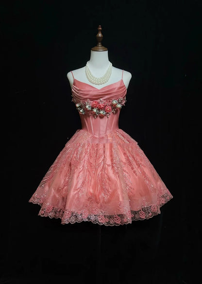 Pretty Ball Gown Spaghetti Strap Pink Sequin With 3D Flowers Tulle Short Mini Homecoming Dresses N2527