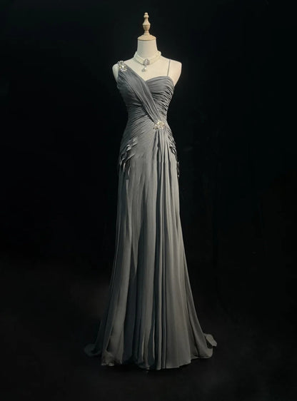 Simple Prom Dresses Mermaid Spaghetti Strap Grey Chiffon Floor Length Ruffled Formal Evening Dress N3685