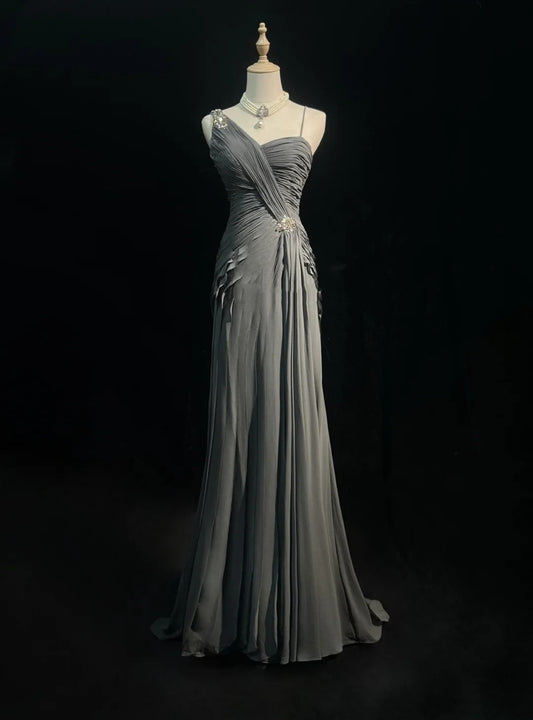 Simple Prom Dresses Mermaid Spaghetti Strap Grey Chiffon Floor Length Ruffled Formal Evening Dress N3685