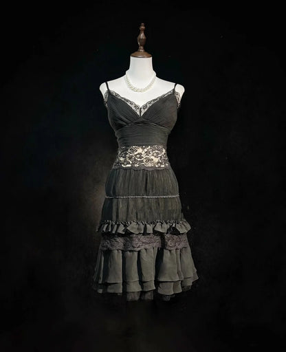 French Style A Line Spaghetti Strap Black Chiffon Short Mini Homecoming Dresses N2458