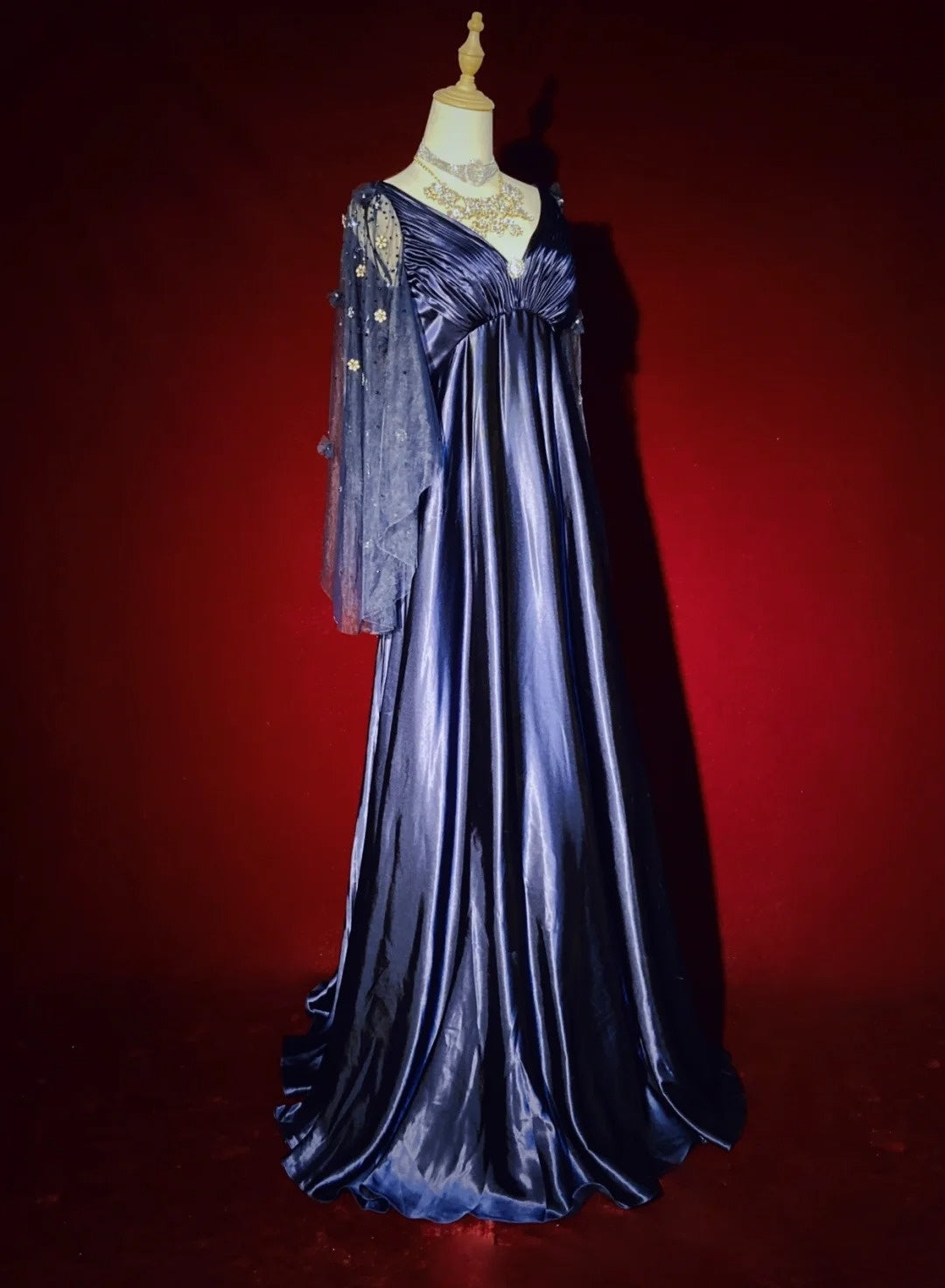 Vintage Prom Dresses Inspo A Line Empire V Neck Navy Blue Satin 90s With Sleeves Formal Gowns N3314