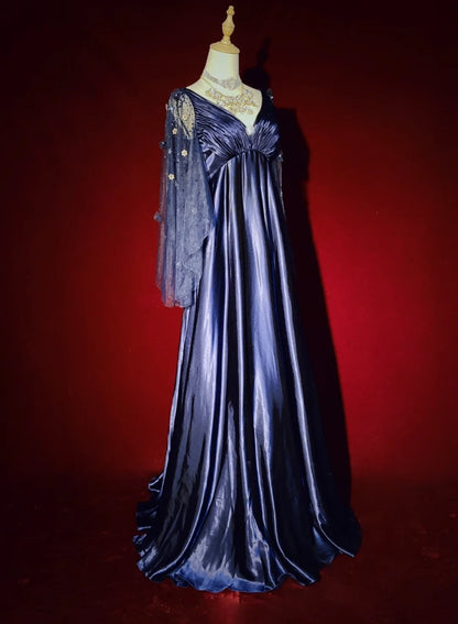 Vintage Prom Dresses Inspo A Line Empire V Neck Navy Blue Satin 90s With Sleeves Formal Gowns N3314