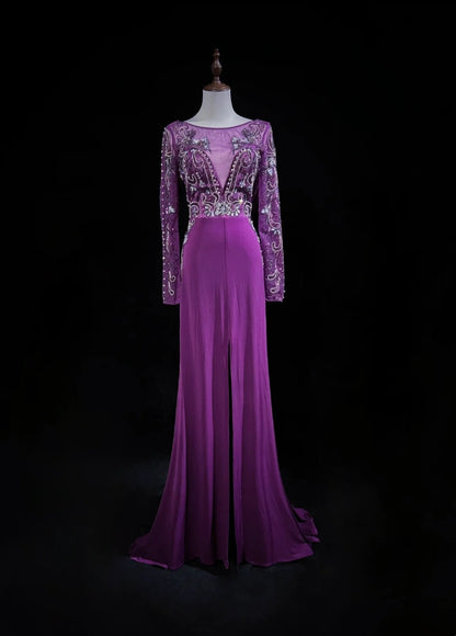 Vintage Prom Dresses A line Purple Chiffon 90s With Beading Long Formal Party Dress N2514