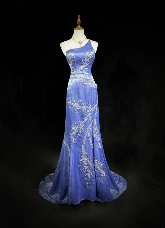 Vintage Prom Dresses 1960s Mermaid Spaghetti Strap Lilac Backless With Ruffled Beaded Long Prom Gown N3114