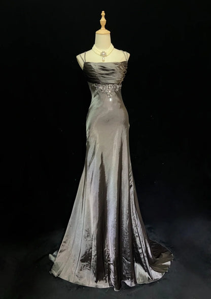 Vintage Prom Dresses Inspo Mermaid Spaghetti Strap Grey Satin 90s With Beaded Formal Gowns N3351
