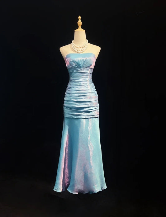 Vintage Prom Dresses Mermaid Strapless Light Sky Blue Mid Length 1990s Formal Evening Gown N2651