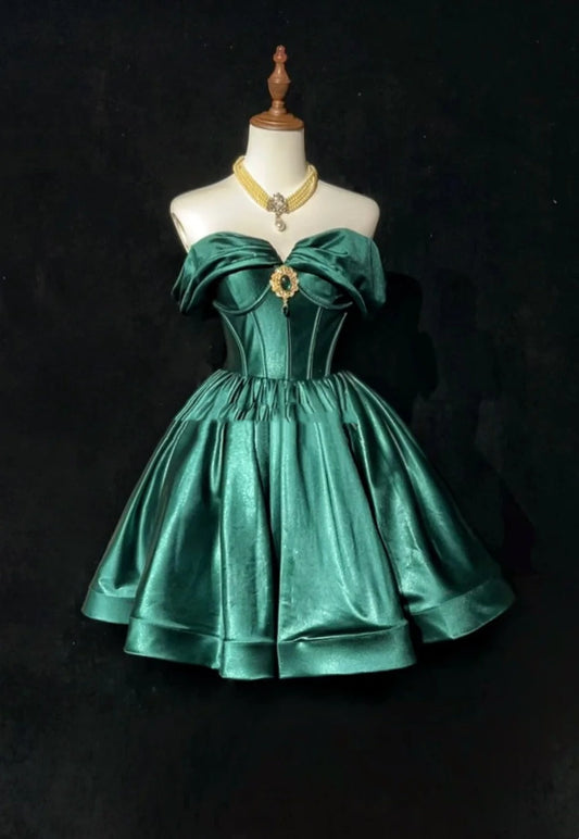 Pretty Ball Gown Off The Shoulder Green Satin Short Mini Homecoming Dresses Hoco Gowns N2603