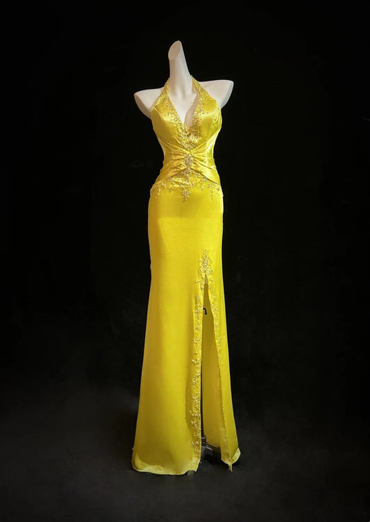 Vintage Prom Dresses Mermaid Halter Yellow With Lace Beading 80s Evening Formal Dress RB3312