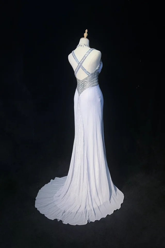Vintage Prom Dresses Mermaid Sweetheart Gray Chiffon With Beading 1970s Long Formal Gown N2614