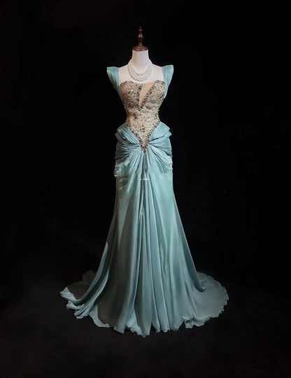 Vintage Prom Dresses Mermaid Strapless With Lace Pleated Beading Long Formal Dress N2462