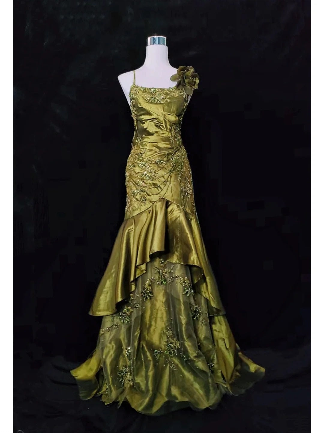 Vintage Classy Prom Dresses Mermaid Spaghetti Strap Olive Green Satin With Lace Beading Evening Long Dress N3294