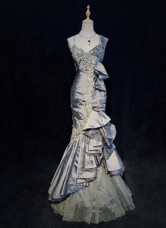 Vintage Prom Dresses Mermaid Straps Grey Satin Lace With Ruffles Long Evening Outfits N3442
