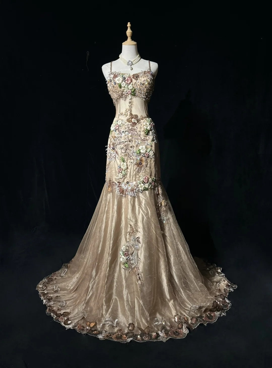 Champagne Prom Dress Inspo Mermaid Spaghetti Straps With Beading Modest Long Formal Party Gown RC0089