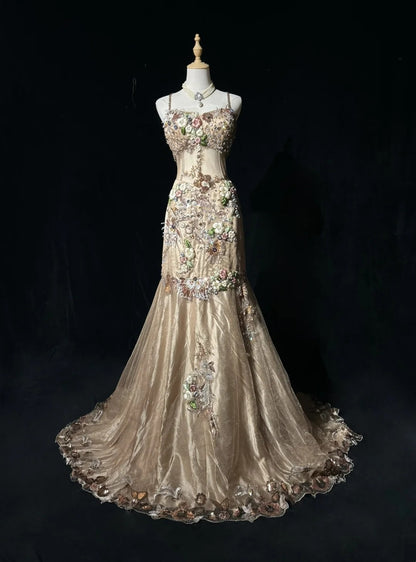 Champagne Prom Dress Inspo Mermaid Spaghetti Straps With Beading Modest Long Formal Party Gown RC0089