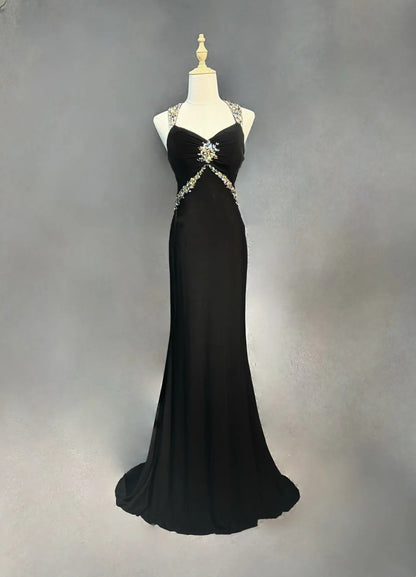 Vintage Prom Dresses Mermaid Halter Black Tie Dress Satin 70s With Beading Backless Long Formal Gown N2519