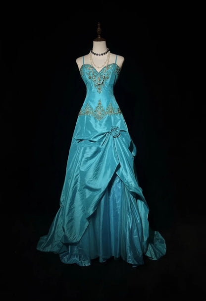 Vintage Prom Dresses Aesthetic 80s Retro Ball Gown Spaghetti Strap Blue Taffeta Floor Length Evening Outfits N2329