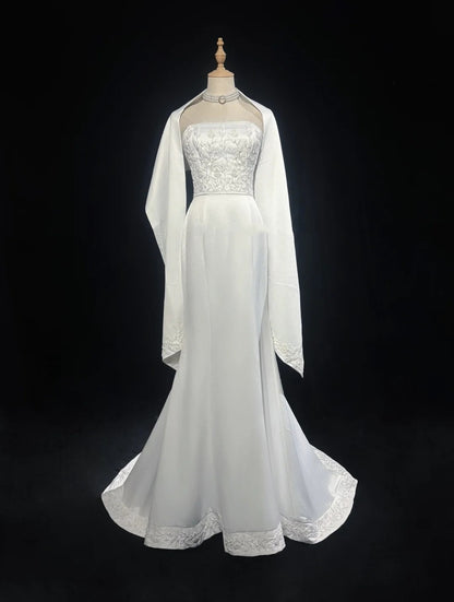 Vintage 90s Wedding Dresses Mermaid Strapless Satin White Beading Summer Garden Long Bridal Gown N3823